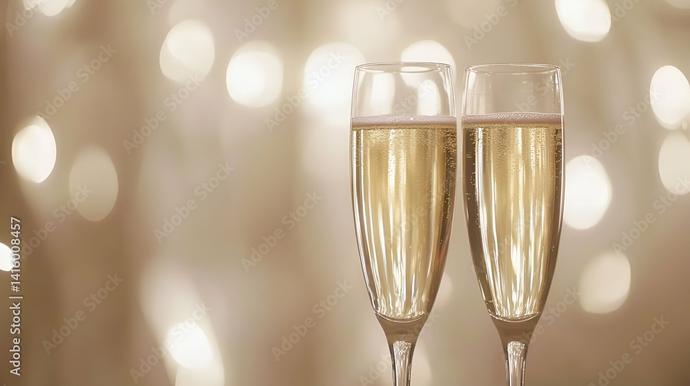 Sparkling champagne flutes, festive lights. Holiday celebration toast Sparkling champagne flutes, festive lights. Holiday celebration toast