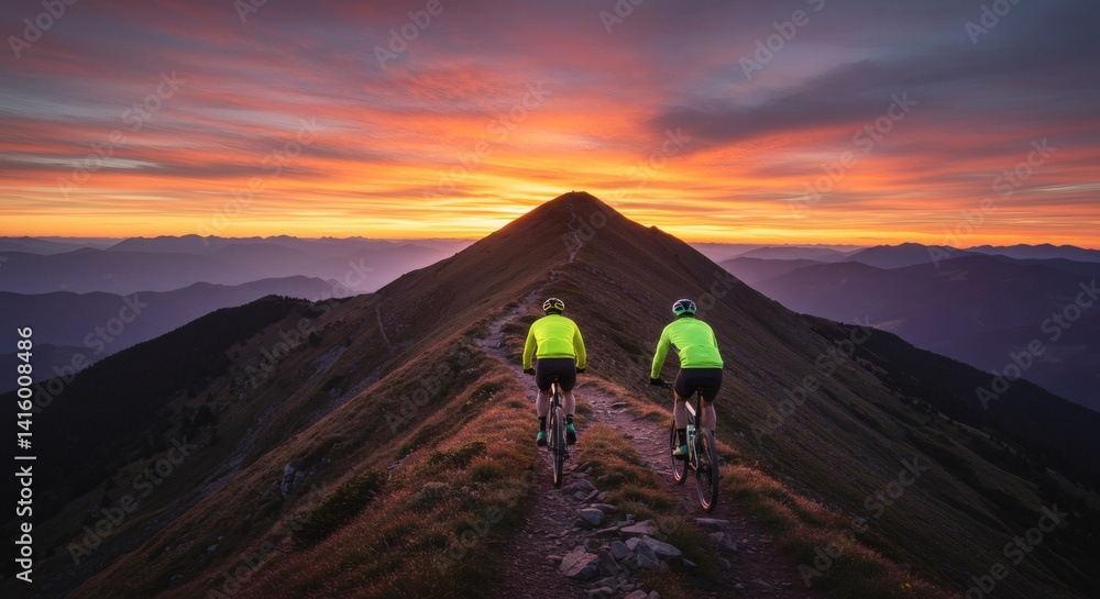 Fototapeta premium Cyclist Silhouette on a Mountain Trail at Sunset