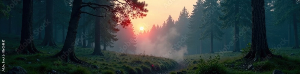 Dense forest landscape at dusk with towering trees and a misty atmosphere , nature, trees, dusk Dense forest landscape at dusk with towering trees and a misty atmosphere , nature, trees, dusk