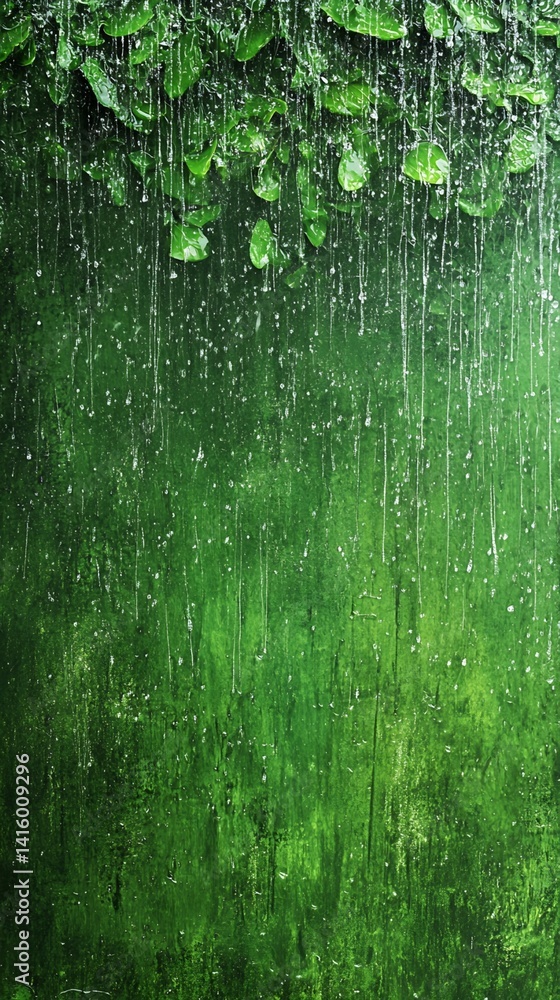 Fototapeta premium Green Surface with Rain and Overhanging Leaves