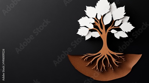 Stylized paper tree is featured with white leaves and brown trunk against a dark background.