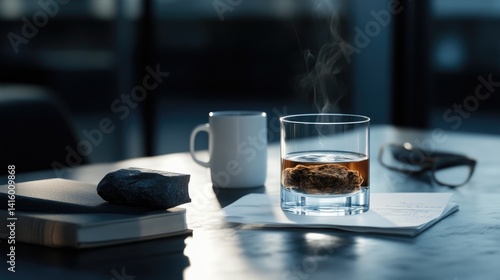 Steaming glass of liquid with a piece of dark substance, resting on a table with books, a mug, and eyeglasses
