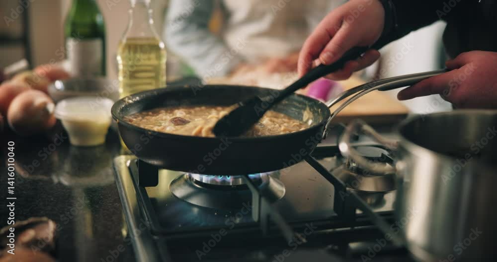 Hands, chef and stirring food in kitchen for cooking sauce, meal preparation and risotto recipe. Person, vegetables and rice dish with culinary skills, nutrition dinner and gourmet cuisine at house Hands, chef and stirring food in kitchen for cooking sauce, meal preparation and risotto recipe. Person, vegetables and rice dish with culinary skills, nutrition dinner and gourmet cuisine at house
