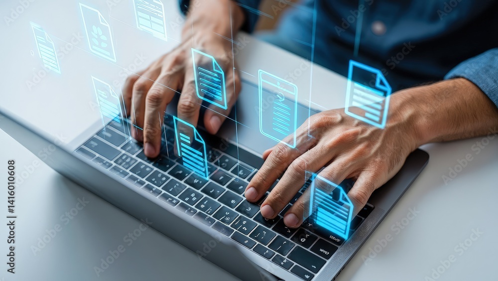 Man typing on laptop, glowing electronic document files and digital signature Man typing on laptop, glowing electronic document files and digital signature