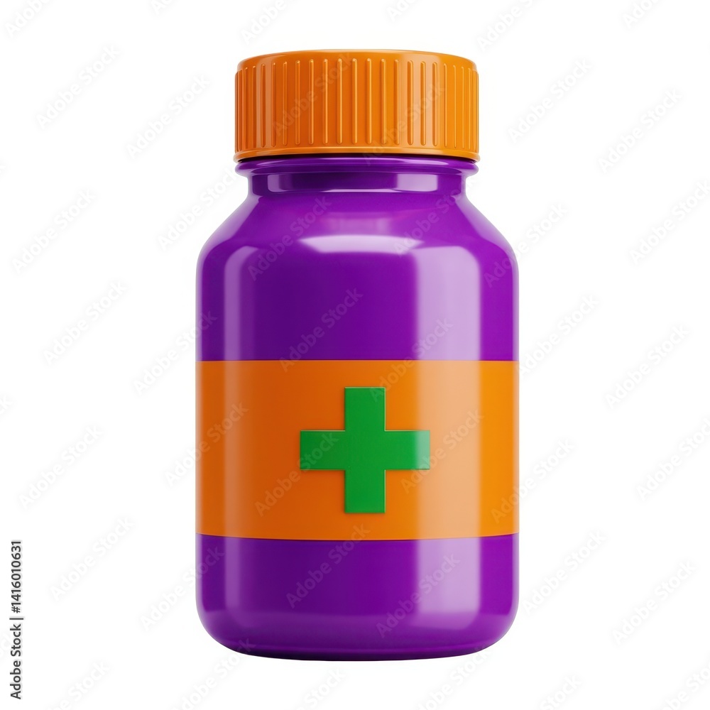 Purple bottle with green cross symbol on white background Purple bottle with green cross symbol on white background