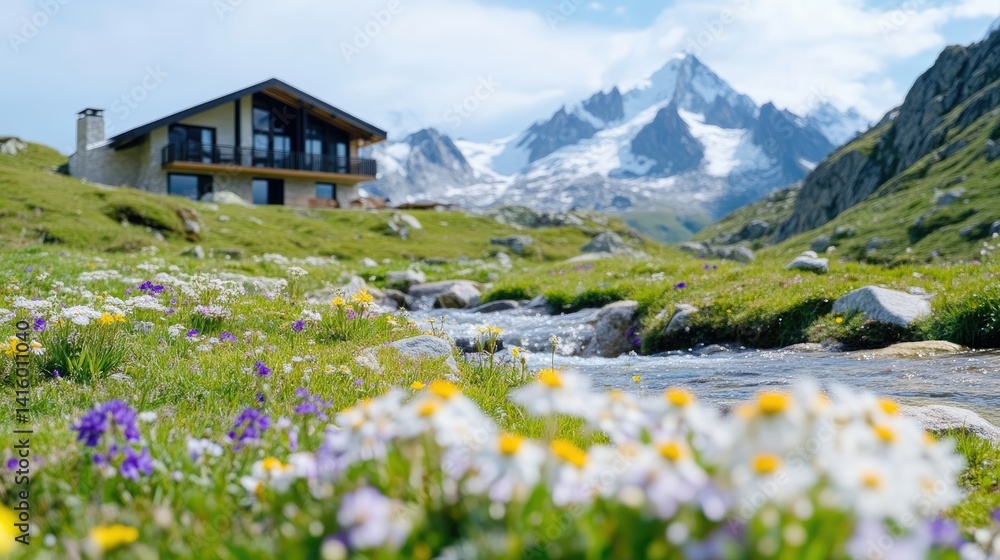 Fototapeta premium Alpine chalet nestled in a flower-filled meadow, with a crystal-clear stream flowing past, against a backdrop of majestic snowy peaks