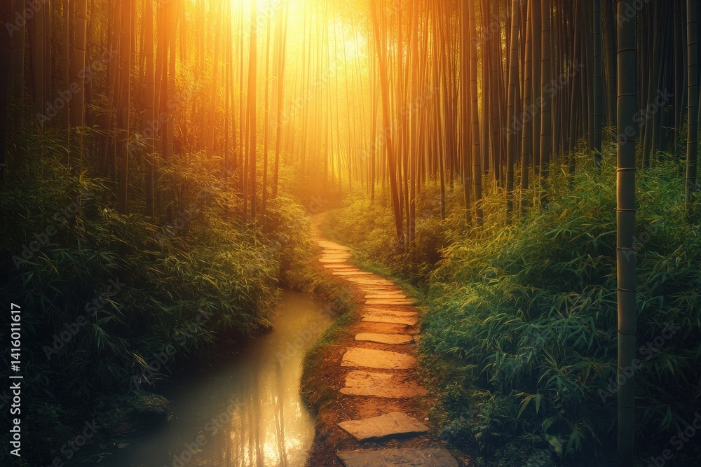 Fototapeta premium Golden sunlight streams through a winding bamboo forest path.