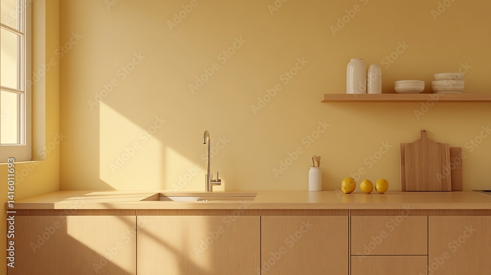 Fototapeta premium Minimalist Kitchen with Light Wood Cabinets and Yellow Walls