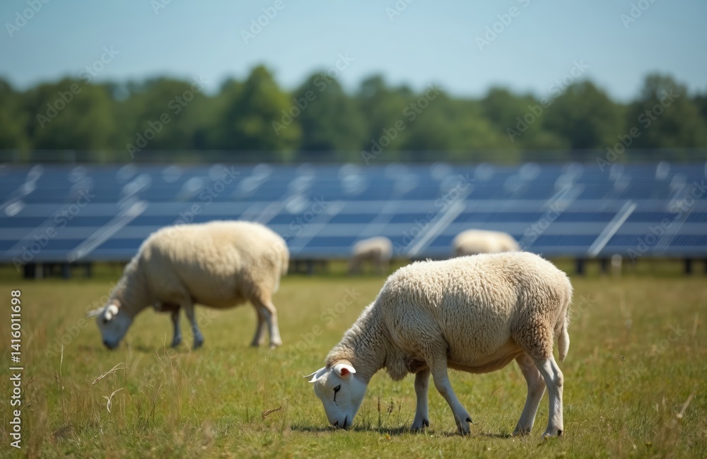 Herd of sheep grazing on green field near solar panels. Farming, renewable energy co-exist. Eco-friendly, sustainable tech, nature, animals, environment, and economy blend in rural landscape. Herd of sheep grazing on green field near solar panels. Farming, renewable energy co-exist. Eco-friendly, sustainable tech, nature, animals, environment, and economy blend in rural landscape.