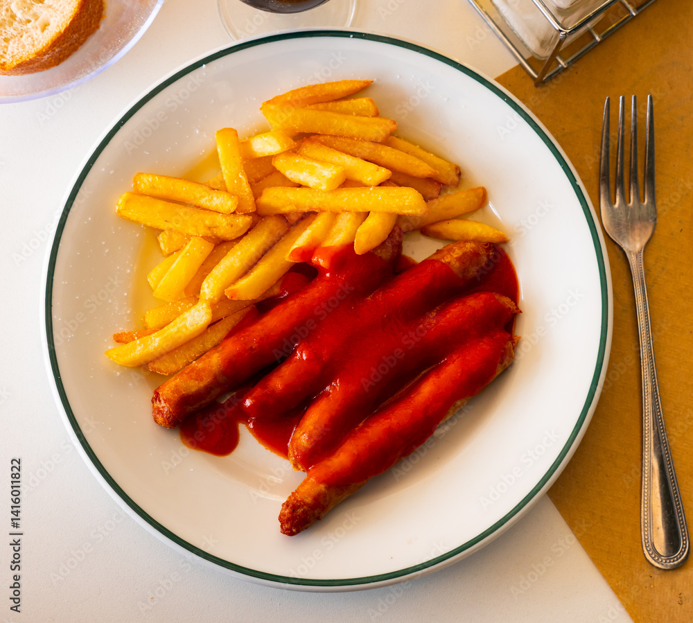 Sweet and sour tomato sauce successfully complements taste of grilled sausages and French friessausages Sweet and sour tomato sauce successfully complements taste of grilled sausages and French friessausages