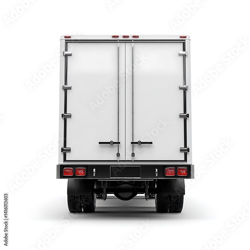 Rear view of a delivery truck with closed doors isolated on white background