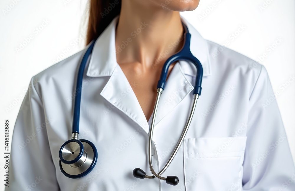 Close-up shot of medical professional wearing white lab coat and stethoscope. Healthcare worker ready patient examination in clinic or hospital. Female doctor or nurse. Close-up shot of medical professional wearing white lab coat and stethoscope. Healthcare worker ready patient examination in clinic or hospital. Female doctor or nurse.
