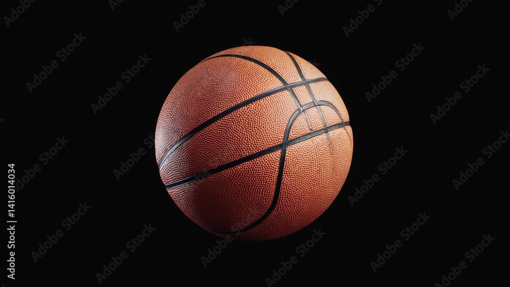 Fototapeta premium An isolated basketball with visible texture detail, set against a black background. This image is perfect for illustrative purposes in sports or recreational activities.