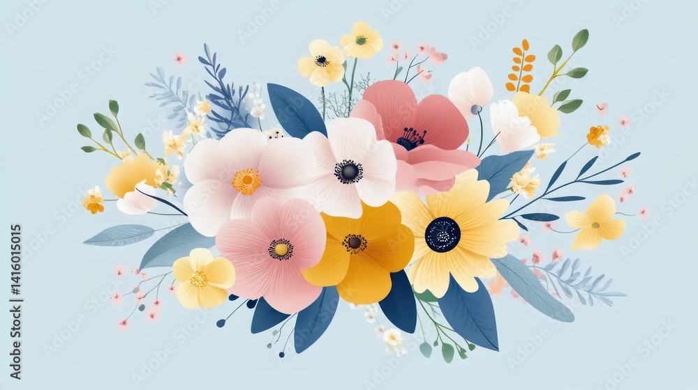 Naklejka premium Watercolor Floral Arrangement: A gentle palette of spring blooms and foliage