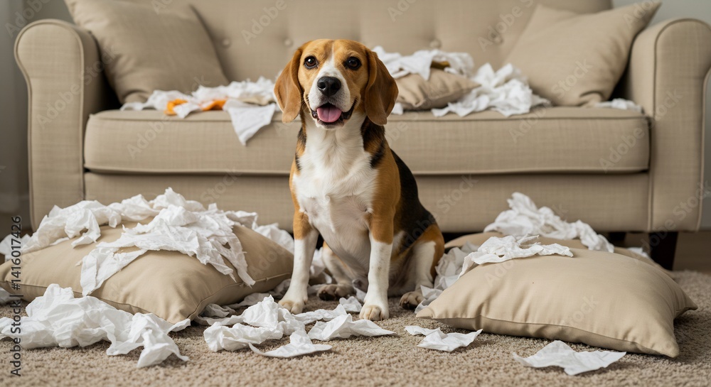 Guilty Beagle Dog Sitting Amidst Torn Tissues and Pillows on Carpet Floor, Mischievous Pet, Home Interior Guilty Beagle Dog Sitting Amidst Torn Tissues and Pillows on Carpet Floor, Mischievous Pet, Home Interior