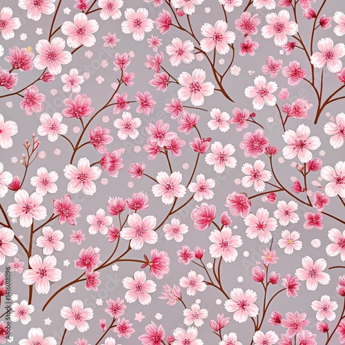 Delicate cherry blossom pattern on a muted gray background