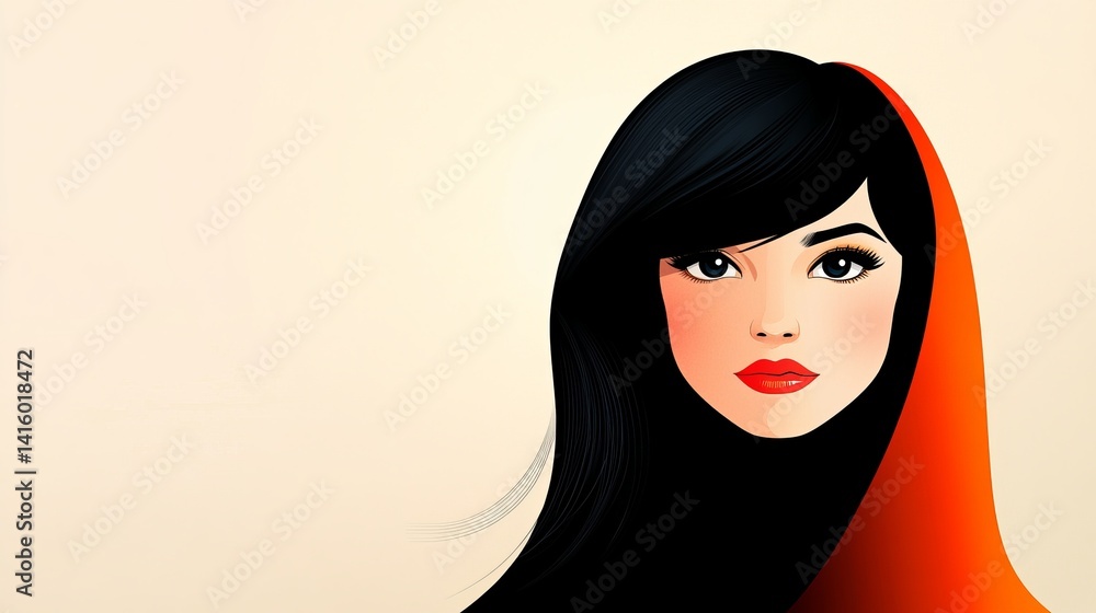 Woman with black hair and red lipstick appears against a cream colored background with an orange overlay.