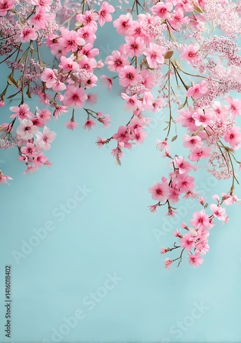 A light blue background with pink flowers on the top and bottom, creating an overall light color