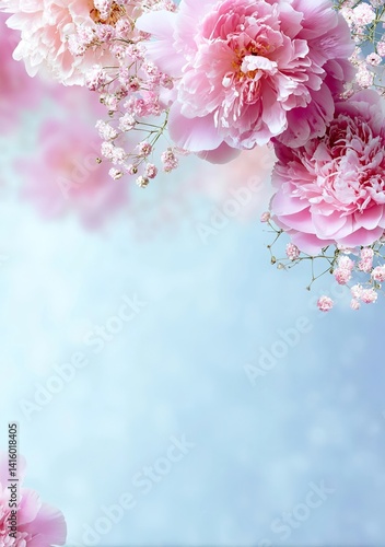 A light blue background with pink flowers on the top and bottom, creating an overall light color