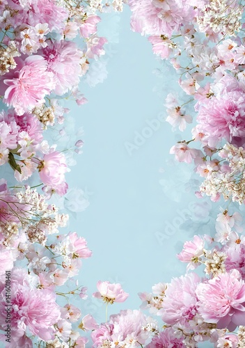 A light blue background with pink flowers on the top and bottom, creating an overall light color