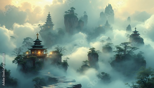Mystical Mountaintop Temples in a Dreamlike Cloudscape