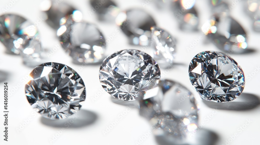 Dazzling array of brilliantly cut diamonds reflecting light on a white surface Dazzling array of brilliantly cut diamonds reflecting light on a white surface