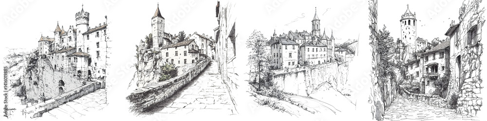 Obraz premium Hand-Drawn Architectural Sketches of Castles and Old Buildings, Detailed Historic Illustrations, Isolated on Transparent Background