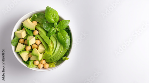 Wallpaper Mural Flat lay of a fresh salad bowl with avocado, chickpeas, and greens on a white background Torontodigital.ca