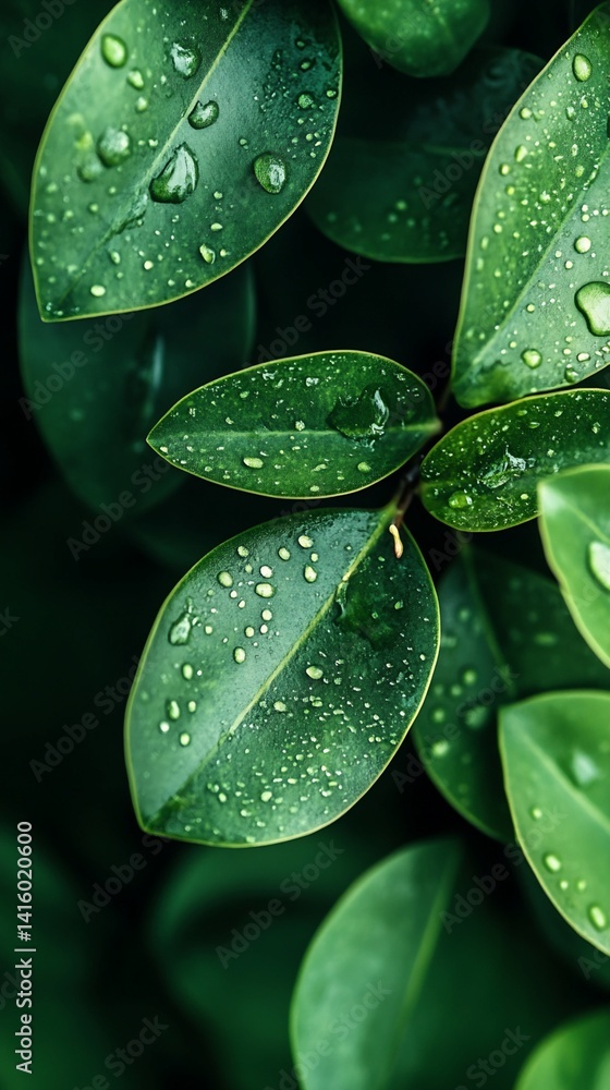 Fototapeta premium Water Droplets on Dark Green Leaves