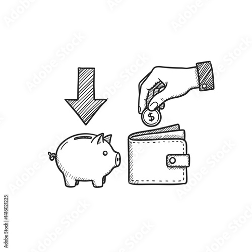 Deposit Sketch Icon. Hand placing coin, monochrome design. Savings, banking transaction concept. Financial service graphic, finance app symbol, personal finance illustration
