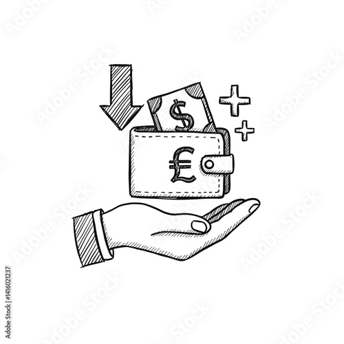 Income Sketch Icon. Hand holding wallet with cash, monochrome design. Financial gain, earnings concept. Salary symbol, personal finance graphic, profit illustration  