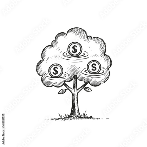 Retirement Fund Sketch Icon. Money tree with nested cash, monochrome design. Long-term savings, pension planning concept. Investment graphic, financial security symbol
