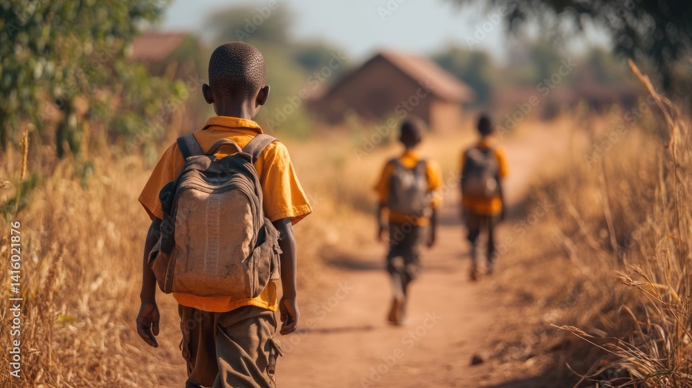 equality education volunteer service concept picture of poor African students walking along dirt path to school at Africa