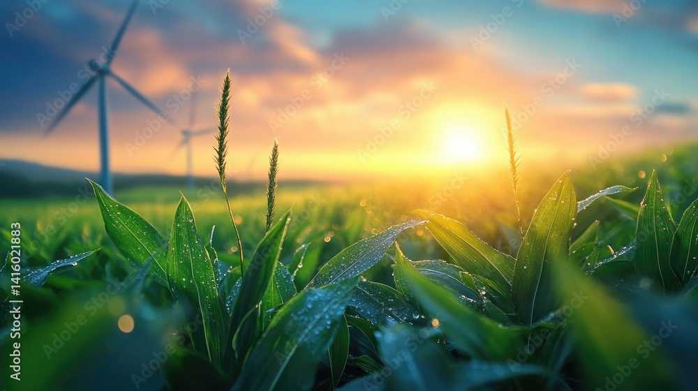 renewable energy solutions, sustainable energy at agriculture farm. wind turbines at green maize or or corn field with blurred wind turbines at background.