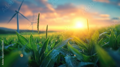 Obraz na płótnie renewable energy solutions, sustainable energy at agriculture farm. wind turbines at green maize or or corn field with blurred wind turbines at background. w salonie