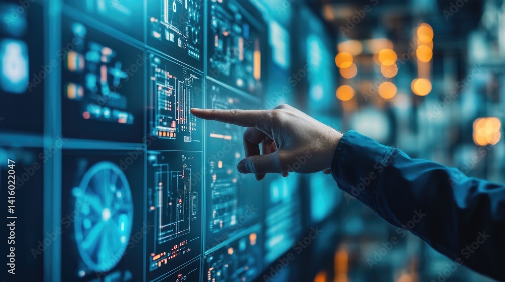 working hands of controller with data base from Scada system on computer screen.