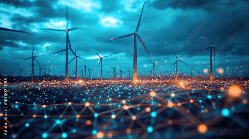 futuristic graphic icons of Scada system of operator controller engineer at wind turbines farm.