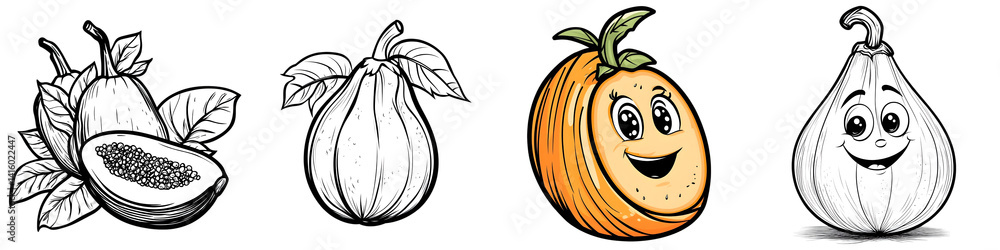 Fototapeta premium Cartoon Fruit Characters: Hand-Drawn Cute Avocado, Pear, Pumpkin, and Squash, Isolated on Transparent Background