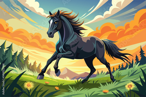 vector of Macro shot of black horse galloping in sunlight meadow
