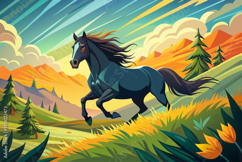 vector of Macro shot of black horse galloping in sunlight meadow