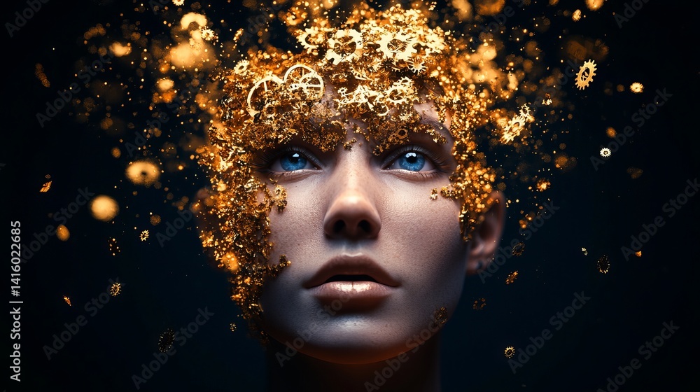 Woman's face is adorned with floating golden gears against a dark backdrop, creating a surreal and intricate visual. Woman's face is adorned with floating golden gears against a dark backdrop, creating a surreal and intricate visual.