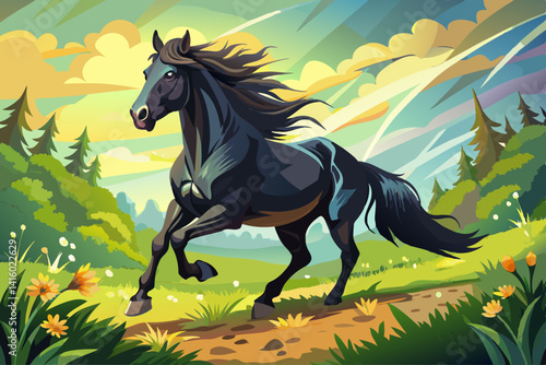 vector of Macro shot of black horse galloping in sunlight meadow