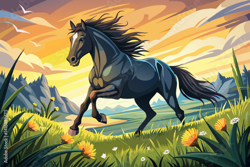 vector of Macro shot of black horse galloping in sunlight meadow