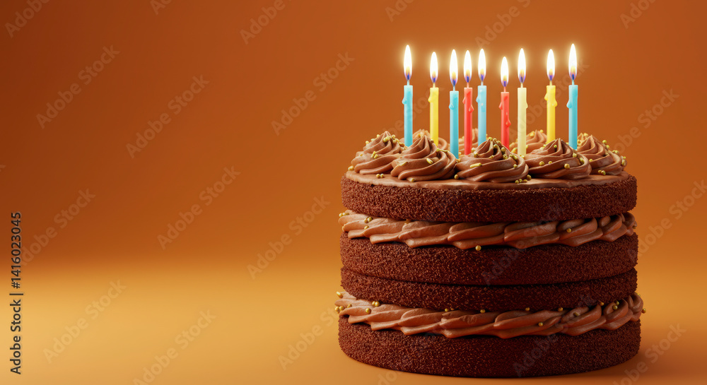 Delicious Chocolate Birthday Cake Aglow with Candles, Festive Treat for Celebrations, Social Media Ready