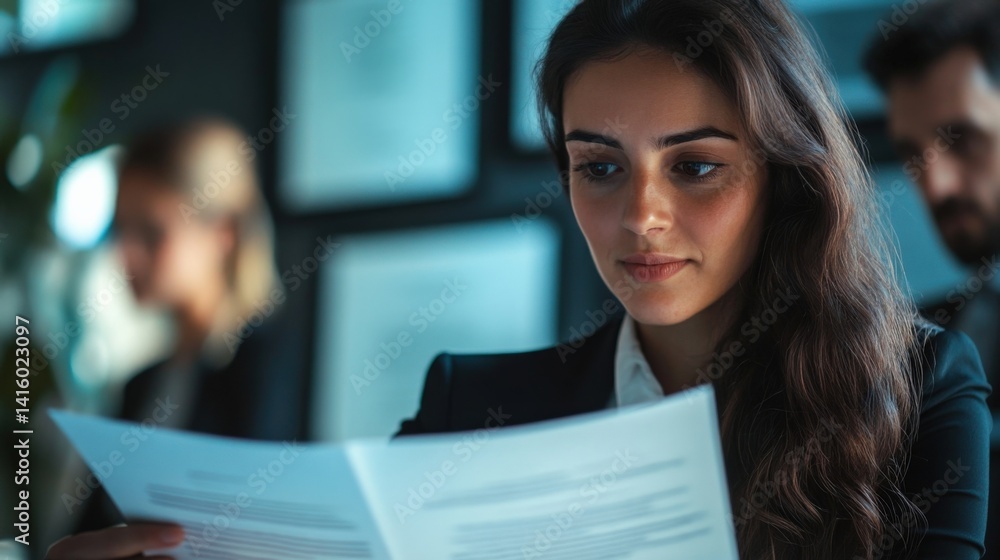 A diplomats thoughtful expression reveals the weight of international relations as they review a thick policy document. The blurred outlines of framed certificates on the wall suggest A diplomats thoughtful expression reveals the weight of international relations as they review a thick policy document. The blurred outlines of framed certificates on the wall suggest