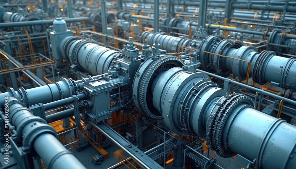 Detailed illustration shows turbine lubrication system in gas power plant. Industrial machinery, steel pipes, pressure gauges, flanges, control systems. Energy production tech with pipelines. Detailed illustration shows turbine lubrication system in gas power plant. Industrial machinery, steel pipes, pressure gauges, flanges, control systems. Energy production tech with pipelines.