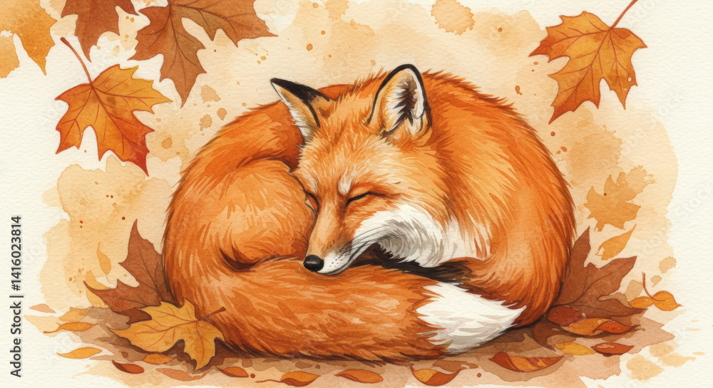 Cozy Sleeping Fox Watercolor Painting with Autumnal Leaves for Children's Storybooks