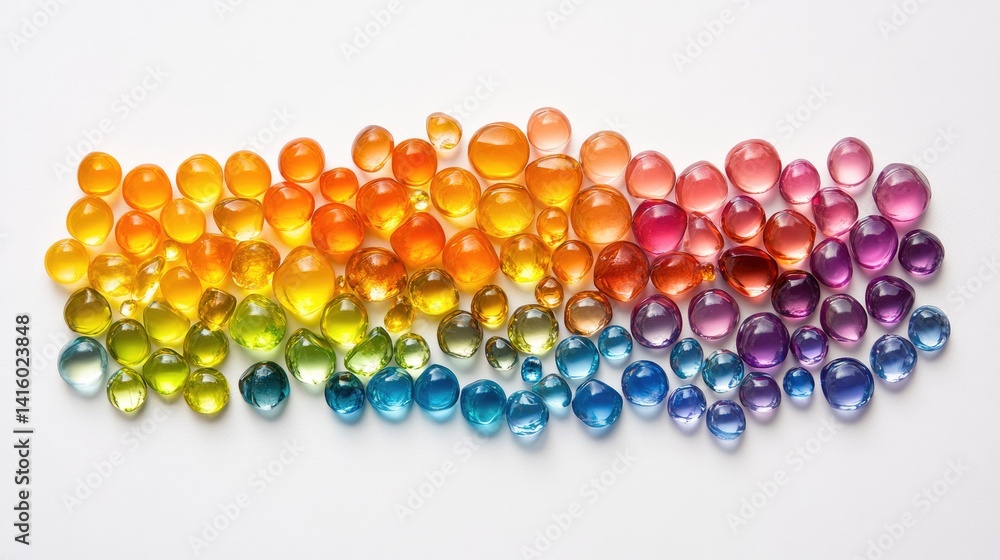 Mixed gemstones arranged in gradient color sequence on a pristine white background