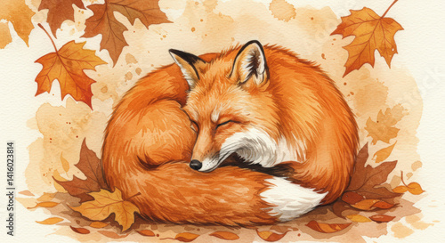 Obraz na płótnie Cozy Sleeping Fox Watercolor Painting with Autumnal Leaves for Children's Storybooks w salonie