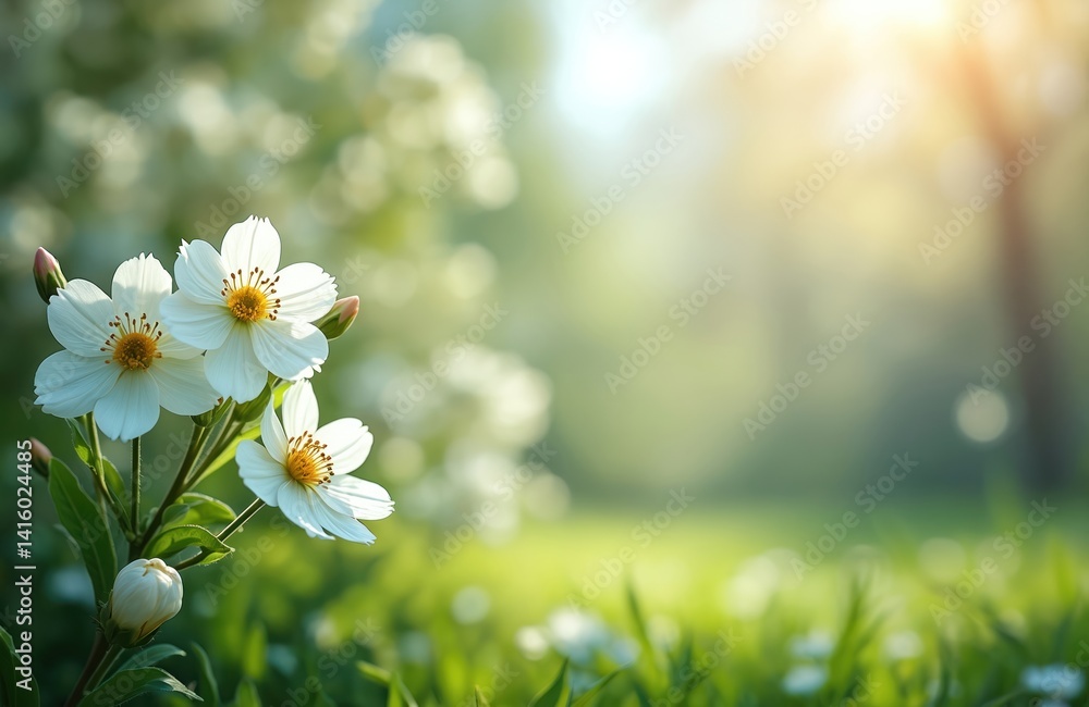 Illustration shows spring nature with white flowers, green leaves. Blooming flowers with yellow stamens on sunny day. Fresh blooms, renewal, new life concept. Great background for seasonal design, Illustration shows spring nature with white flowers, green leaves. Blooming flowers with yellow stamens on sunny day. Fresh blooms, renewal, new life concept. Great background for seasonal design,